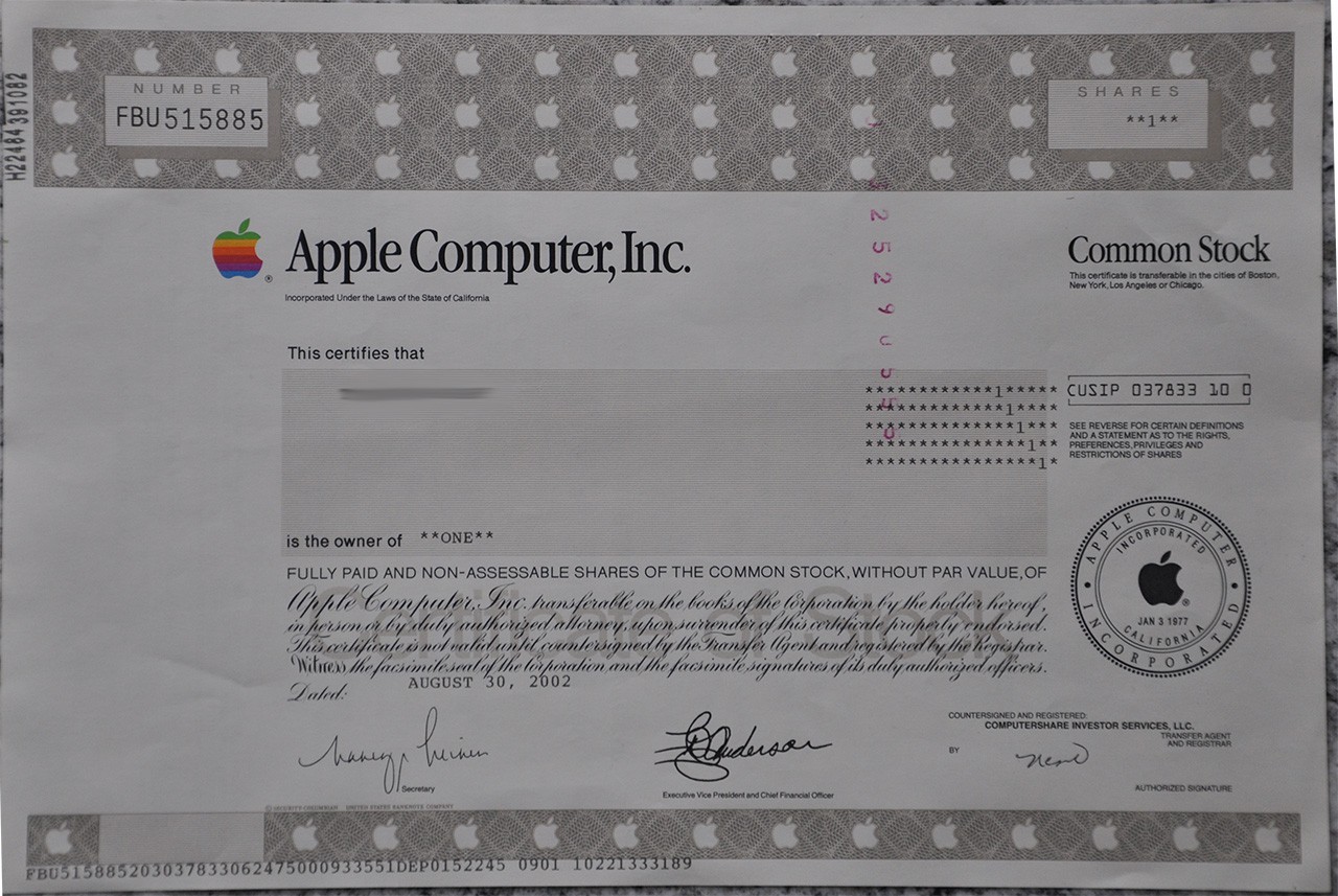 Apple Aktie - effektives Stück (in Papierform) * für Sammler