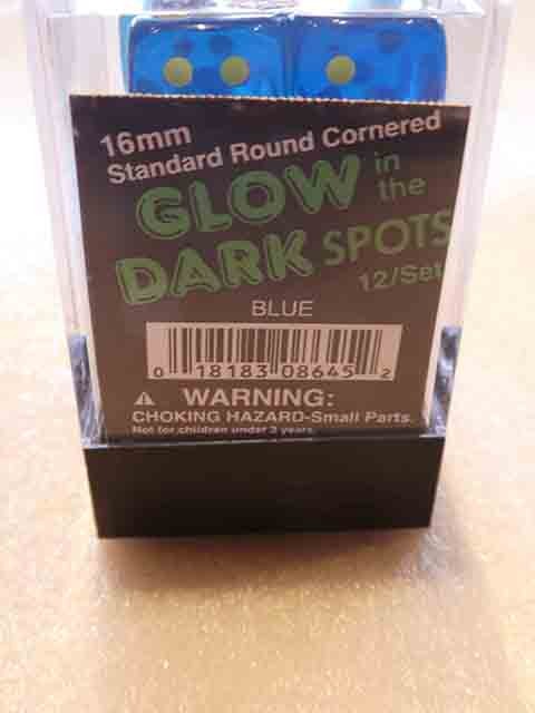 2 Koplow Würfel - 16mm * Glow in the Dark : blau (runde Ecken)